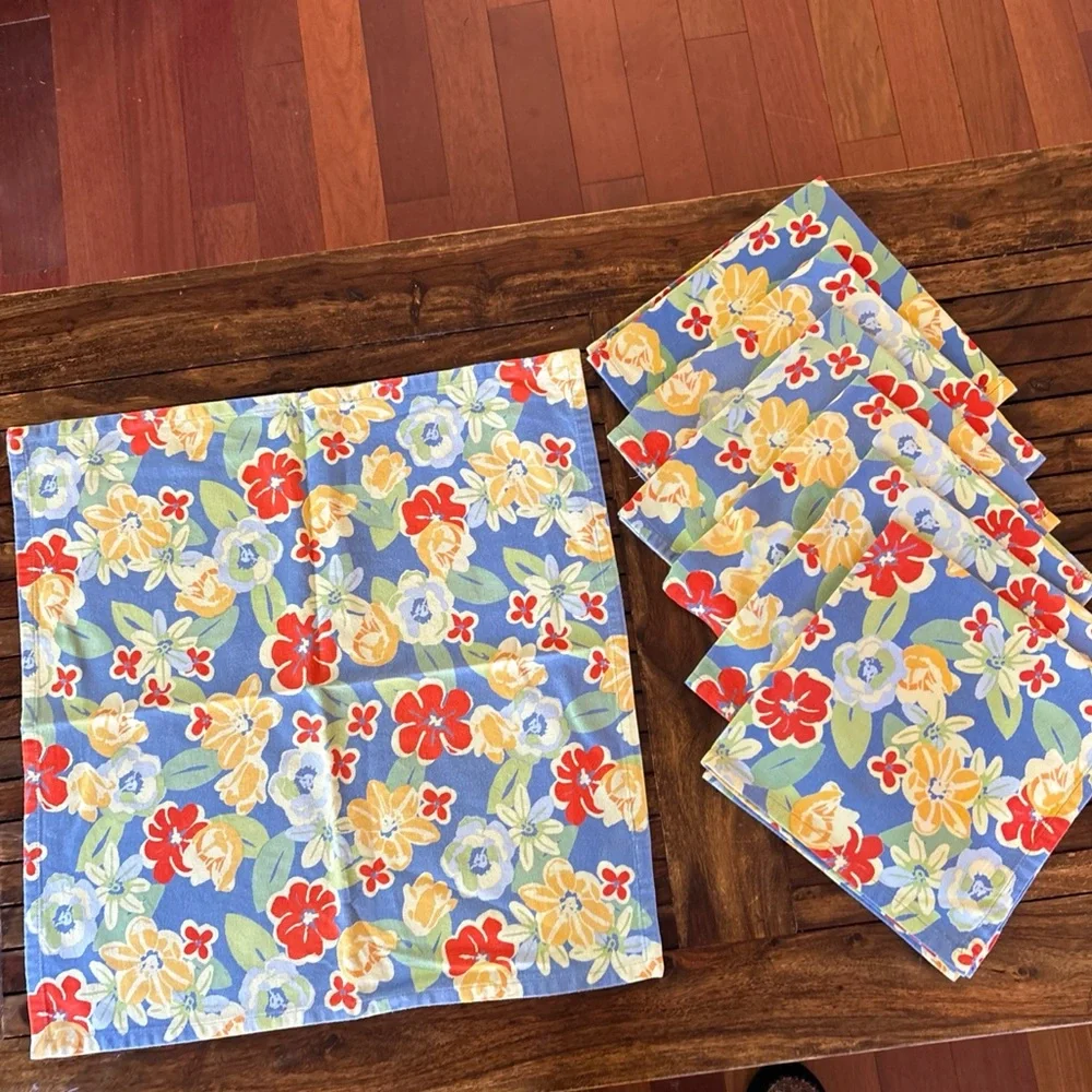 Xochi Cotton Napkins 19 X 19 Floral Blue‎ Cottage Table Dining French Country X8